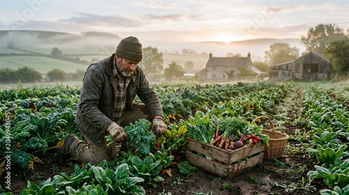 Male Farmer Harvesting Organic Vegetables in Field at Sunrise