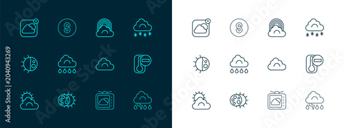 Set line Cloud with snow, Eclipse of the sun, Weather forecast, rain, Rainbow cloud, app and Compass south icon. Vector