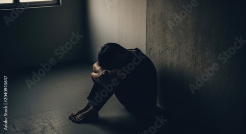 A lonely person sits in a dark empty room head bowed in despair.