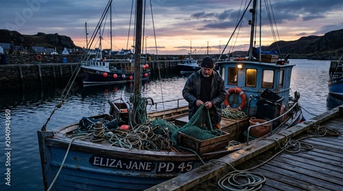 Traditional Fisherman Mending Nets on Boat in Harbor at Sunset