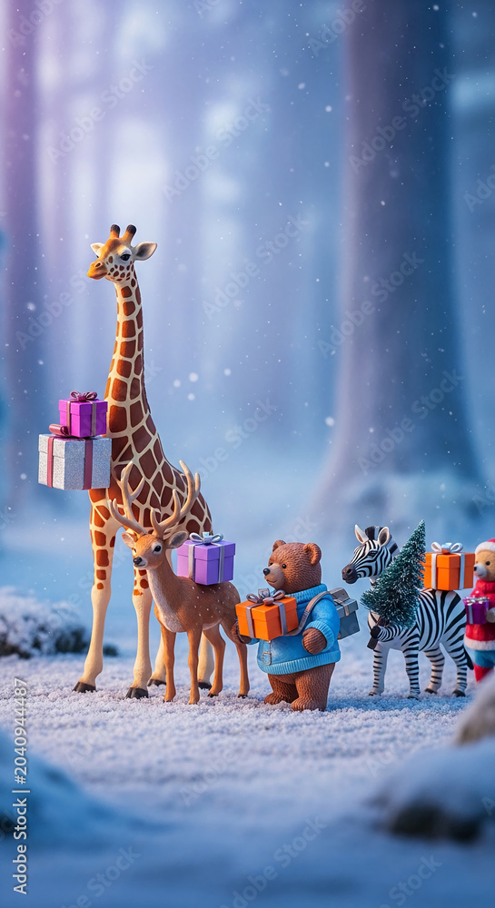 Obraz premium Whimsical animals carrying gifts through a snowy forest, symbolizing festive holiday cheer and the spirit of giving, perfect for Christmas themes