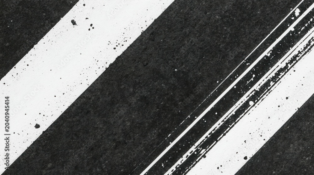 Fototapeta premium Monochrome diagonal stripes with splattered paint texture. Dark grunge background with white lines shows age and distress. Abstract surface with rough detail.