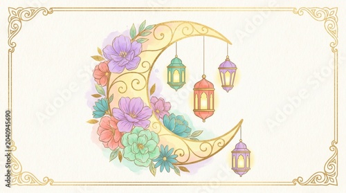 Elegant watercolor crescent moon adorned with pastel flowers and glowing hanging lanterns on cream background with golden frame, ideal for Ramadan Kareem and Eid Mubarak greeting cards.