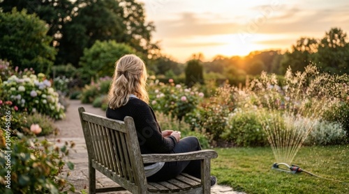 Woman sitting on wooden bench enjoying sunset in botanical garden.