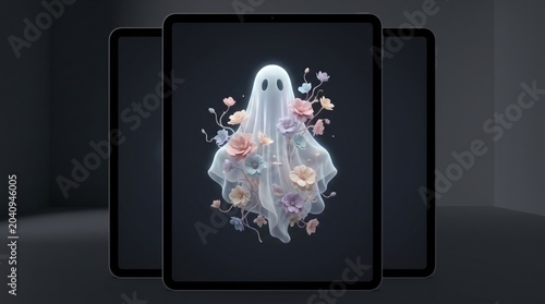 Minimalist digital tablet screen mockup featuring a cute 3D ghost decorated with pastel spring flowers on a dark background for modern Halloween graphic design and mobile app presentation