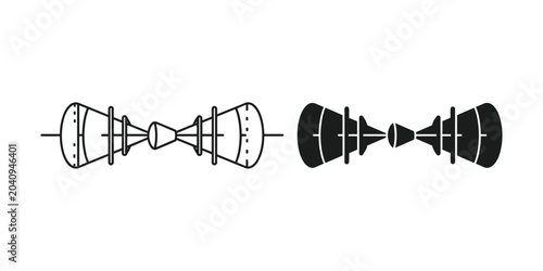 Foto Two stylized turbine engine icons in line drawing and solid silhouette on white