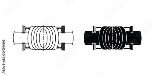 Foto Industrial expansion joint with bellows in technical drawing and silhouette on w