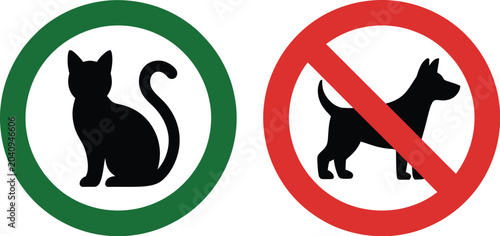 Schilderij op canvas Vector signs showing a green circle with a cat allowed and a red prohibition circle meaning no dogs permitted