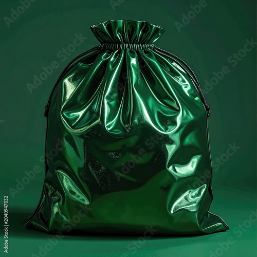 A lustrous, emerald green drawstring bag gleams against a dark green backdrop