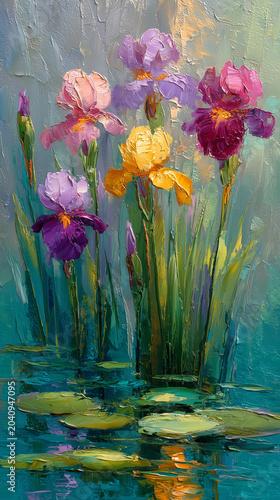 Impressionist Iris Flowers by Pond Oil Painting with Reflections Textured Floral Wall Art