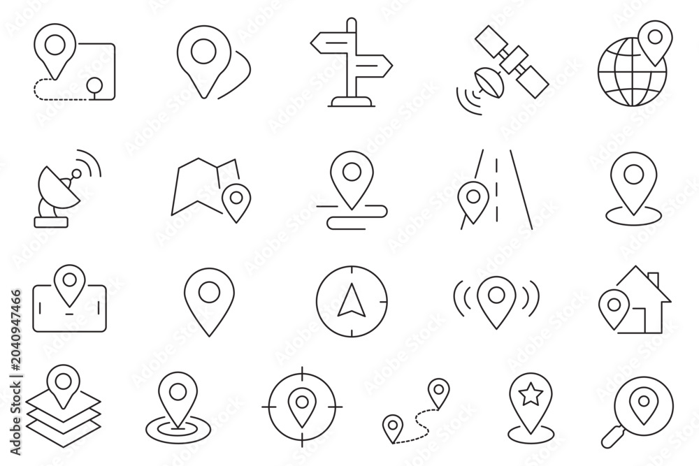 Fototapeta premium Maps icon set. Editable stroke. Containing maps, location, GPS, navigation, city map, atlas, route, direction, pin and more. Outline Icon Collection.