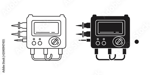 Photos Digital multimeter line art and solid icon with probes and wires on white backgr
