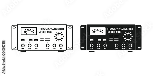 Photos Electronic frequency converter modulator with analog meter and knobs on white ba