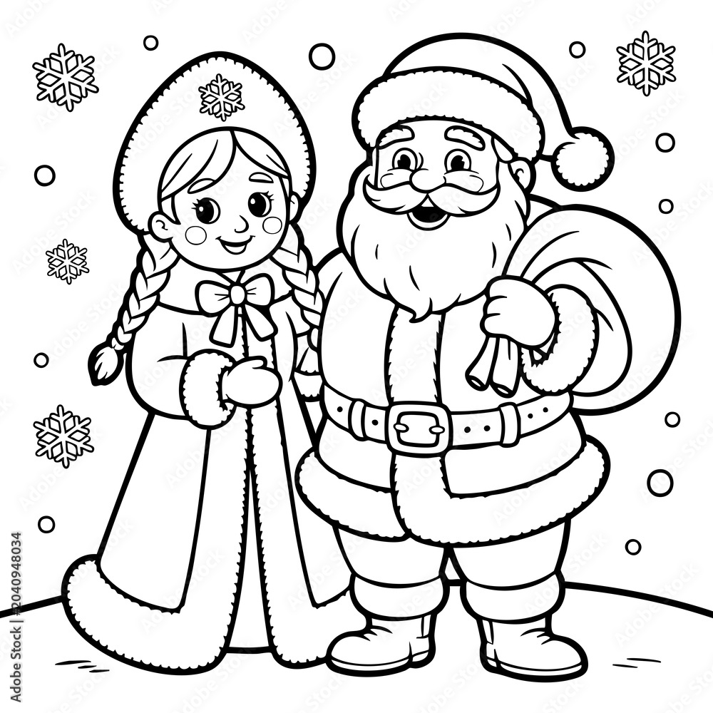 Fototapeta premium Festive Christmas Coloring Page Featuring Santa and Snow Maiden With Snowflake Isolated on a Transparent or White Background