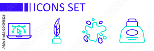 Foto Set line Inkwell, Paint spray, Feather and inkwell and Computer with design program icon