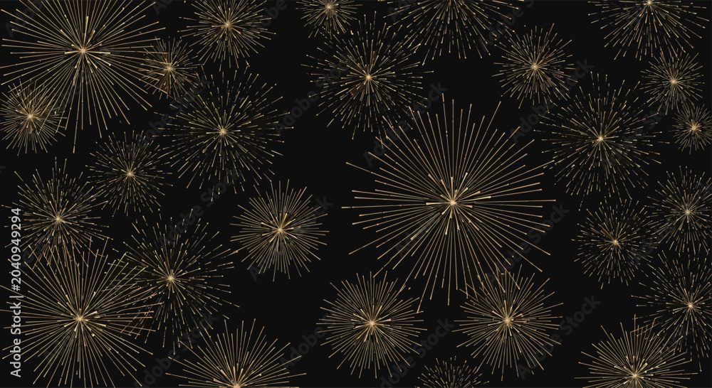 Fototapeta premium Spectacular fireworks display with golden bursts and sparkles on a dark black background for celebratory themes.