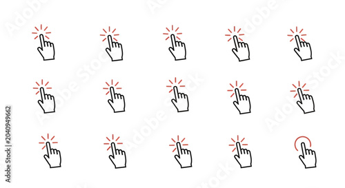 Cursor animation states icons show hand clicking and hovering on white background