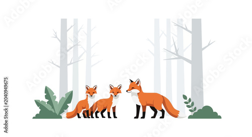 Cute Fox Family in Misty Forest - Illustration