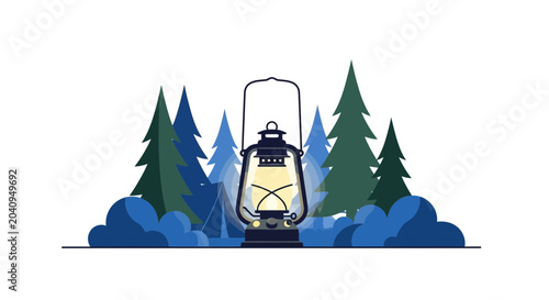 Bild auf Leinwand Vintage Lantern Glowing in Forest Camp at Night