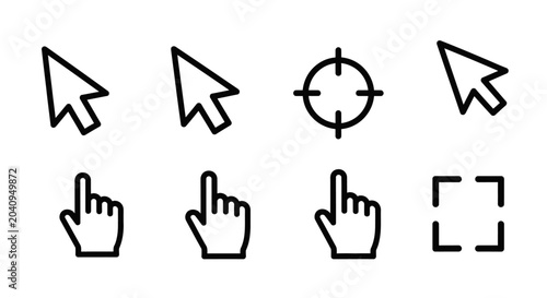 Gaming cursor icon set with pointers and hands on white background
