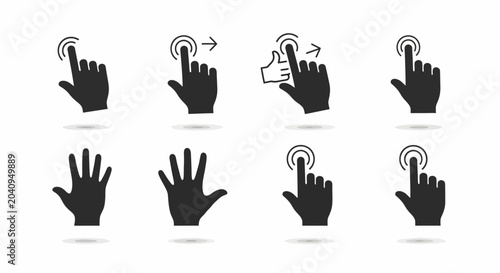 Hand gesture control icons illustrate modern UI interaction on white background