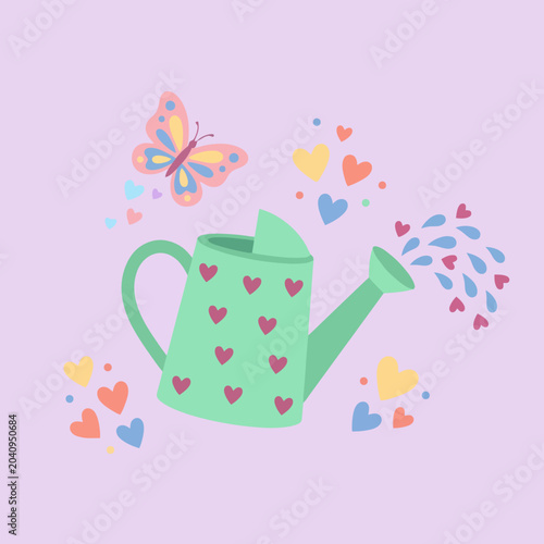A cute watering can with hearts and a colorful butterfly flying