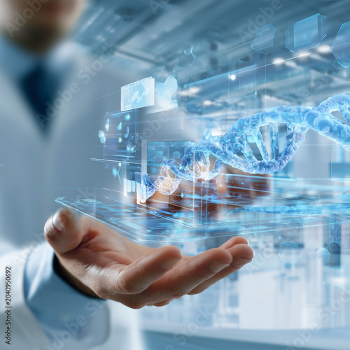Scientist presenting holographic DNA strand in modern laboratory  