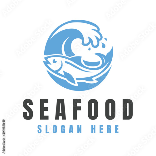 Seafood Restaurant Logo with Fish and Wave