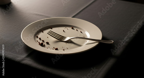 A close-up view of a shiny, empty plate with a fork resting on it.