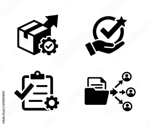 Essential business process vector icons optimized delivery, quality control, project management, and data sharing for streamlined operations and improved efficiency