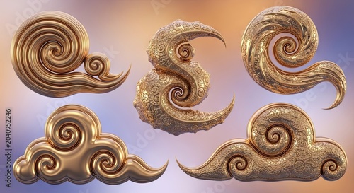Decorative 3D golden oriental clouds with intricate swirl patterns.