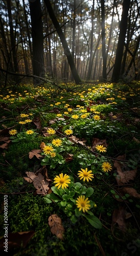 Sunlit forest floor carpeted with yellow wildflowers, moss, and fallen leaves