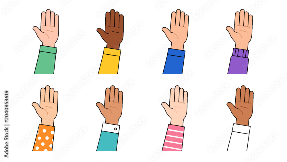 Obraz premium Set of raised hands with different skin tones and sleeves