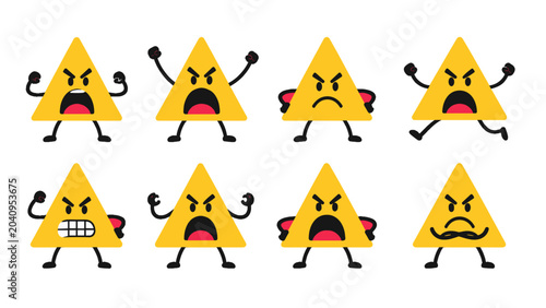 Tableau sur toile Set of angry yellow triangle cartoon warning sign characters