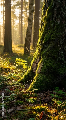 Sunlit forest floor, mossy tree trunk, dappled light, shafts of golden sun