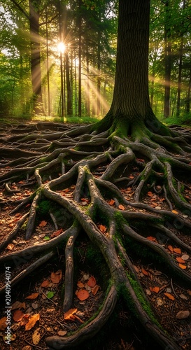 Sunlit forest floor reveals intricate tree roots with moss and autumn leaves