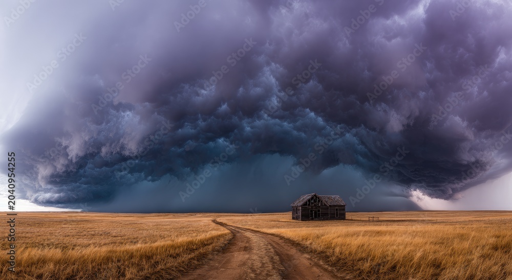 Fototapeta premium Dramatic supercell storm looms over abandoned homestead on vast, dry prairie