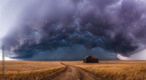 Dramatic supercell storm looms over abandoned homestead on vast, dry prairie