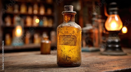 Old dusty amber potion bottle with faded label, dimly lit vintage apothecary background