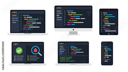 Obraz na płótnie Coding interface on laptop desktop tablet and smartphone screens