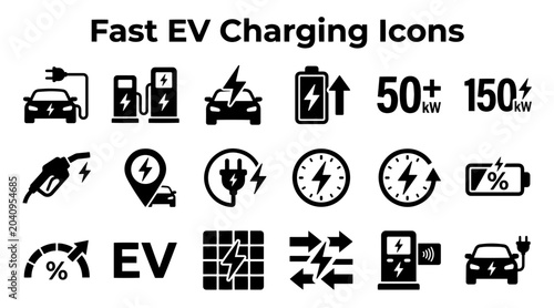 Photos Electric Vehicle Charging Icons Set: Fast Charging, Battery Status, Power Levels