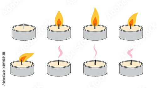 Photos Set of tea light candles with flame and smoke in vector style