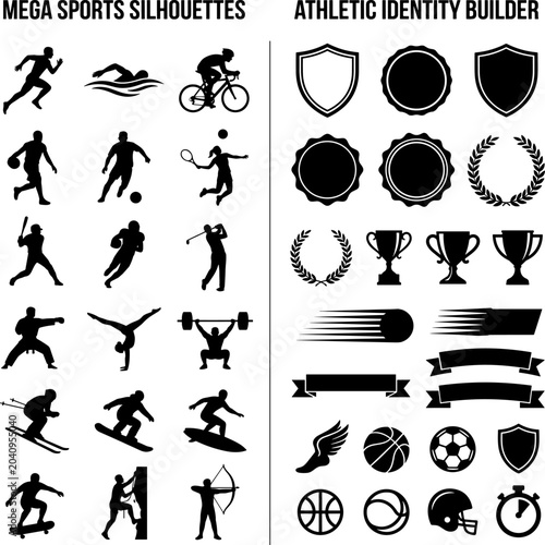 Sports silhouettes and athletic identity badge builder vector elements