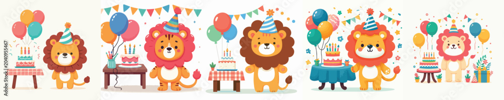 Fototapeta premium Cartoon Animal Birthday Party Collection with Balloons, Cake, Gifts and Celebration Decorations