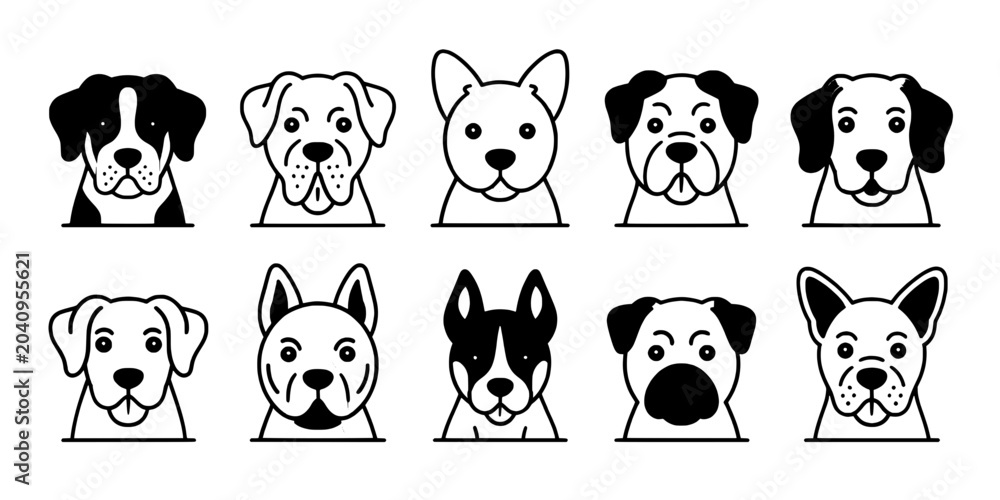 Fototapeta premium Dogs Cartoon Set with Various Breeds and Expressions Featuring Pet Icons, Animal Illustrations, Black and White with Line Art and Dog Faces Elements