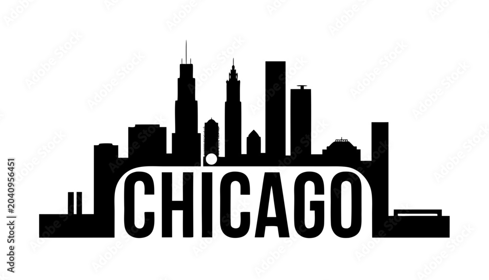 Fototapeta premium Vector illustration of Chicago skyline black silhouette with “CHICAGO” text, on white background, minimalist urban artwork, modern travel and city identity design