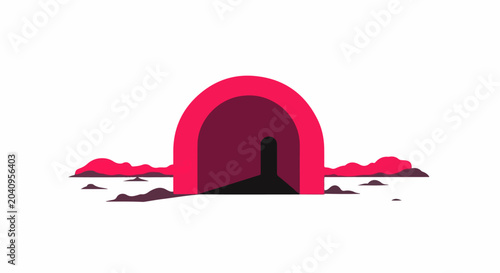 Minimalist dome-shaped structure with an arched doorway leading to shadow