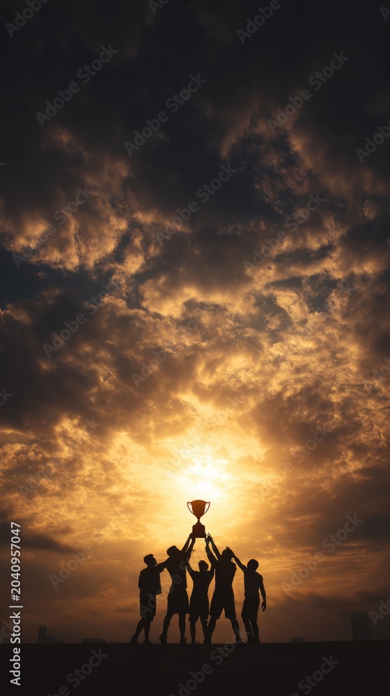 Fototapeta premium Silhouetted team celebrating victory with trophy against dramatic sunset