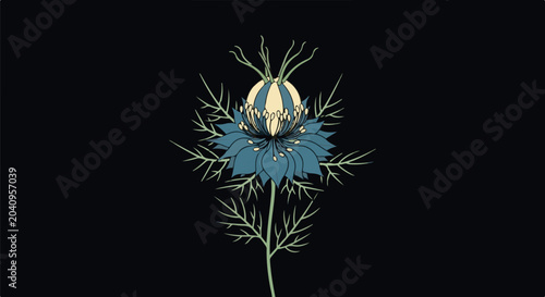 A stylized blue and cream flower with delicate green foliage against a black background