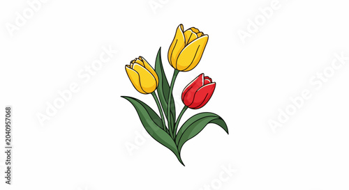 A vibrant illustration features a trio of tulips in yellow and red hues, with deep green foliage